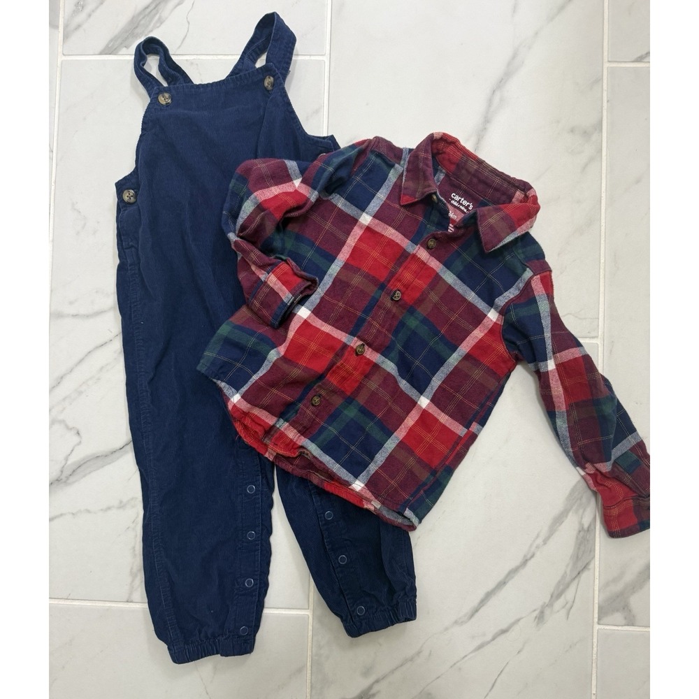 Carters Overalls and Shirt 24 Mo Boys Outfit 2 Piece Set Blue Corduroy W Plaid
